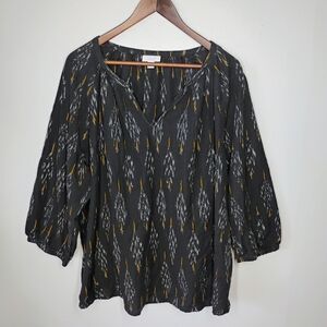 J Jill Pure Jill Ikat Blouse Womens Plus 3X Black Boho Bohemian Peasant Relaxed